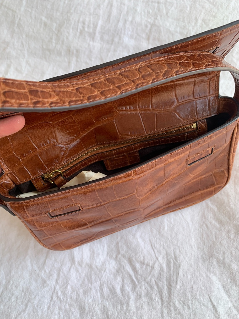 NWOT Staud Tommy Croc Crocodile Leather Shoulder Bag Purse Saddle Brown Tan - Picture 5 of 9